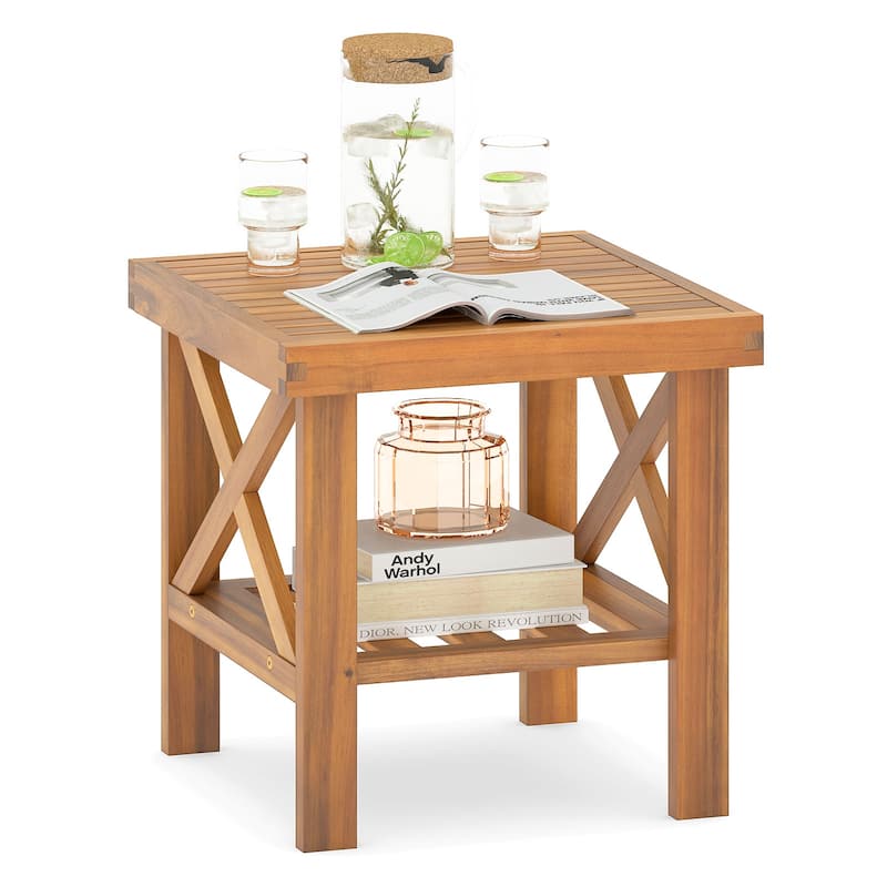 18" Acacia Wood Outdoor Side Table with Open Storage Shelf and X-Shaped Frames for Patio or Garden - 18" x 18" x 18"