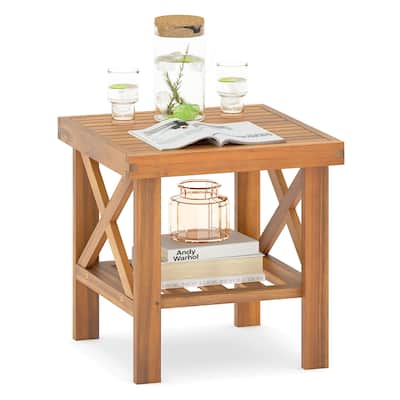 18" Acacia Wood Outdoor Side Table with Open Storage Shelf and X-Shaped Frames for Patio or Garden - 18" x 18" x 18"