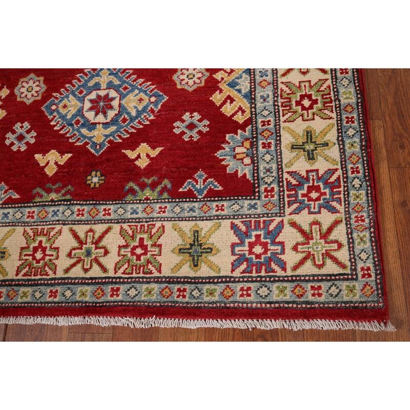 Red Geometric Kazak Accent Rug Handmade Traditional Wool Carpet - 3'5" x 5'0"