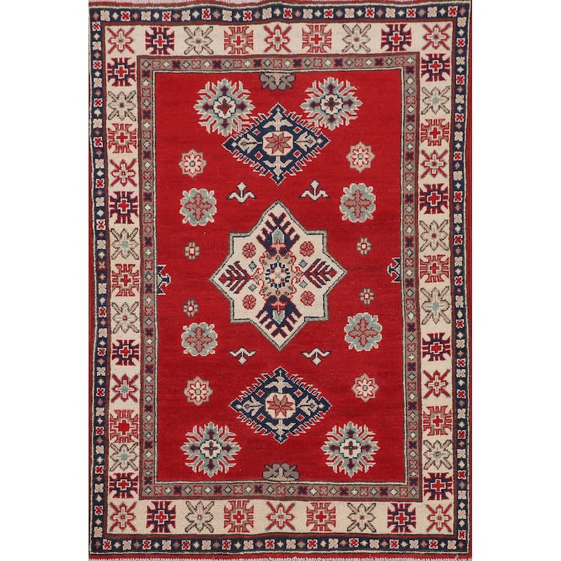 Kazak Accent Rug Hand-Knotted Red Geometric Wool Carpet - 3'4" x 5'0"