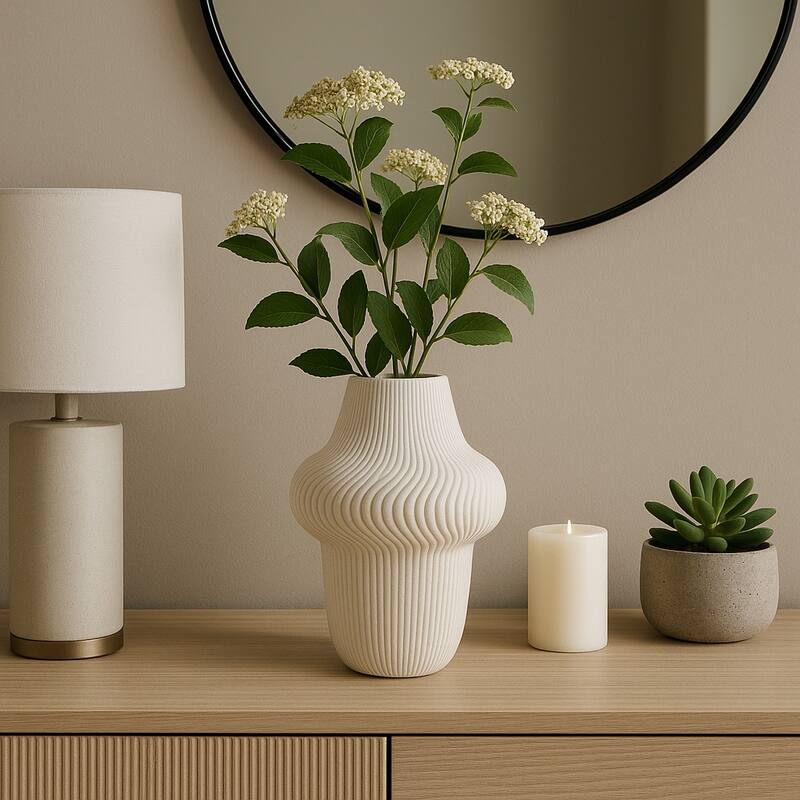 Porcelain Ribbed 3D Printed Vase - Ivory/Beige