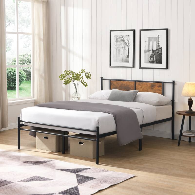 Metal Platform Bed with Wood Headboard, Detachable Steel Slats - Black+Brown - Queen