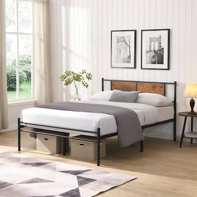 Metal bedframe,Headboard with wood panel decoration