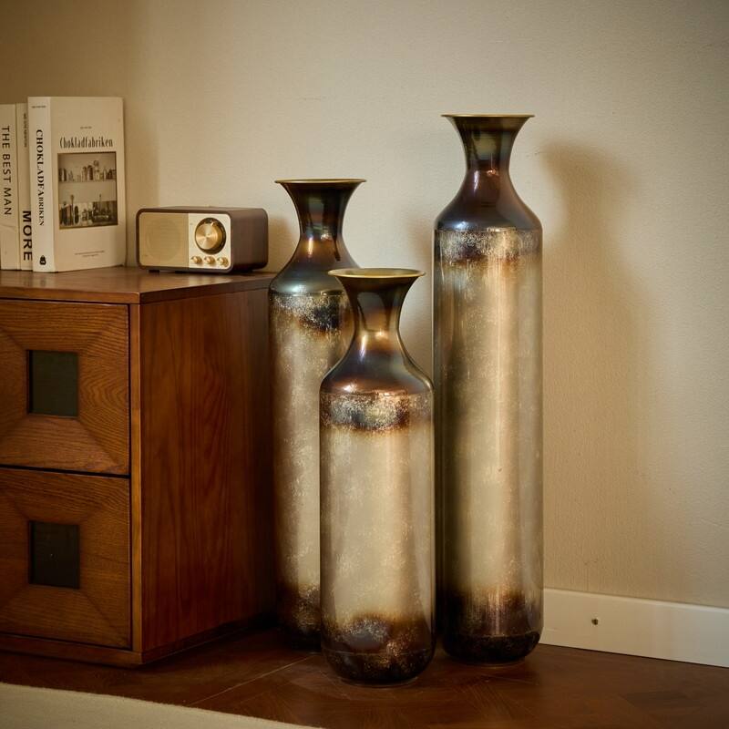 Large White Droplet-Shaped Glazed Metal Floor Vase Set (3-Piece) ，Modern Home Decor for Living Room, Entryway & Office