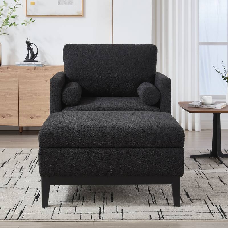 Upholstered Wood Base Square Accent Arm Chair with Ottoman