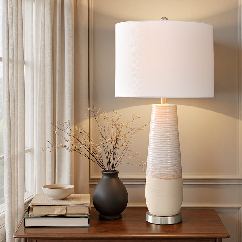 Evian - Two-Tone Ceramic Table Lamp - Speckled Cream, Greige Finish - Brushed Silver Base - White Linen Shade