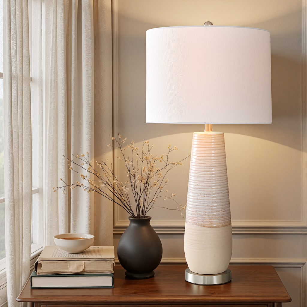 Evian - Two-Tone Ceramic Table Lamp - Speckled Cream, Greige Finish - Brushed Silver Base - White Linen Shade