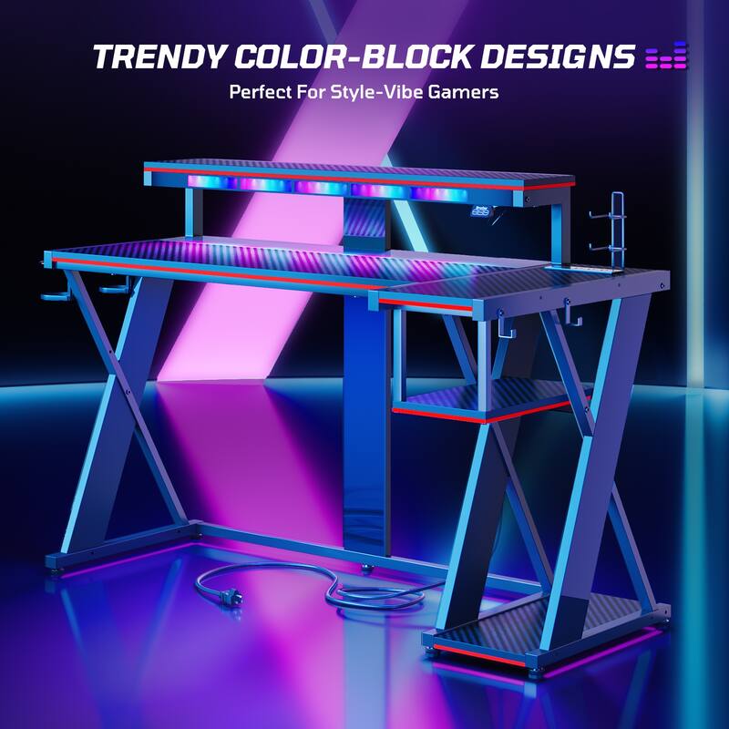57 in. L Shape Gaming Desk with LED Lights Monitor Stand Power Outlets Cup Holder and Headphone Hook - Black