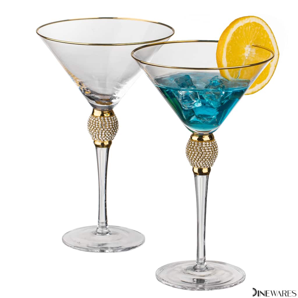 Premium Clear Stem Crystal Martini Glasses with Rim and Diamond-like Rhinestones, Elegant 10oz Glassware Set for Cosmopolitan