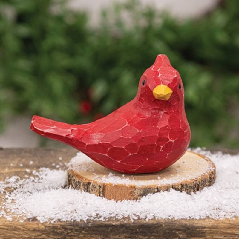 Wood Carved Cardinal Sitter Right-Facing Red Bird Figurine Winter and Everyday Decor - 2.75” high by 3.75” wide by 2” deep