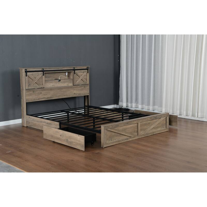 GDFStudio - Junie Rustic Wooden Bed Frame with LED Lights, Built-in Charging Station, 2 Underbed Drawers & No Box Spring Needed