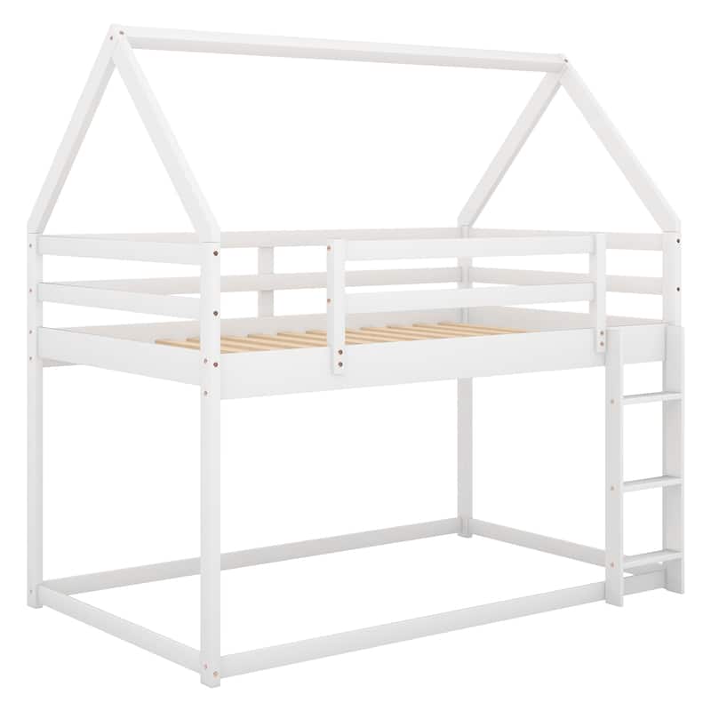 Twin Over Twin House Bunk Bed with Ladder, Low Bunk Design - White
