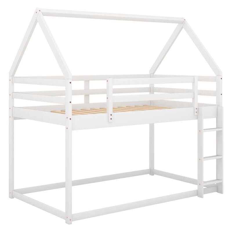 Twin Over Twin Size Low Bunk Platform Bed Frame with House Frame and Ladder, Safe and Stylish Kids Bed, Bedroom Furniture