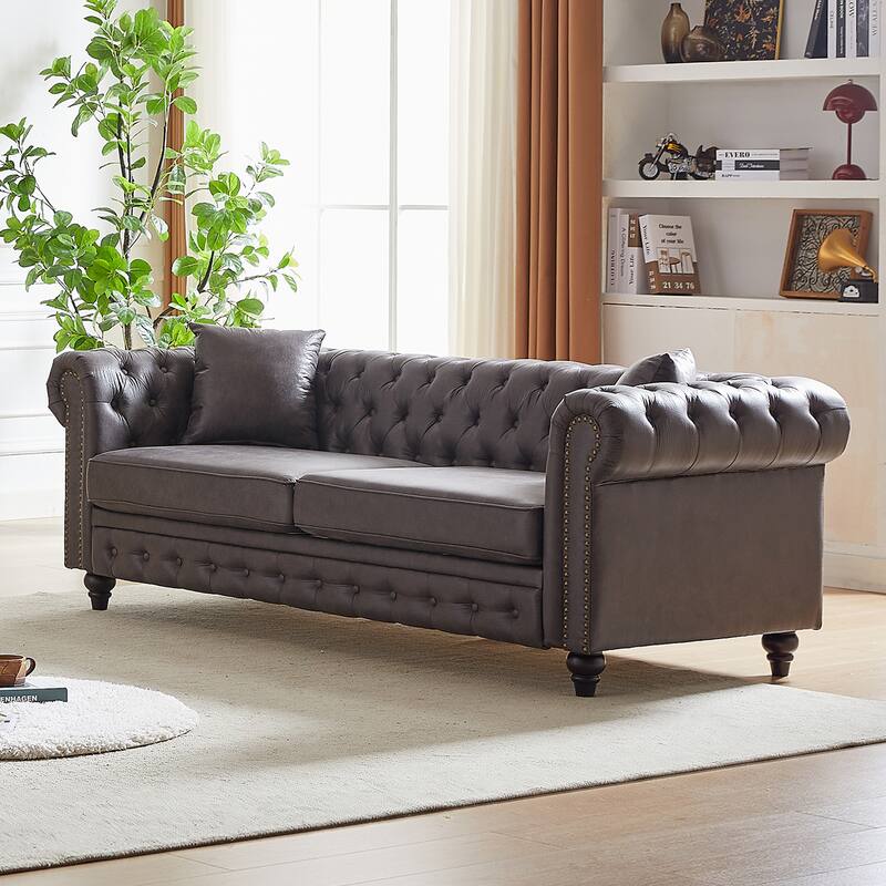 Grey 85.5" Tech Fabric 3-Seater Chesterfield Sofa with Rolled Arms, 2 Cushions