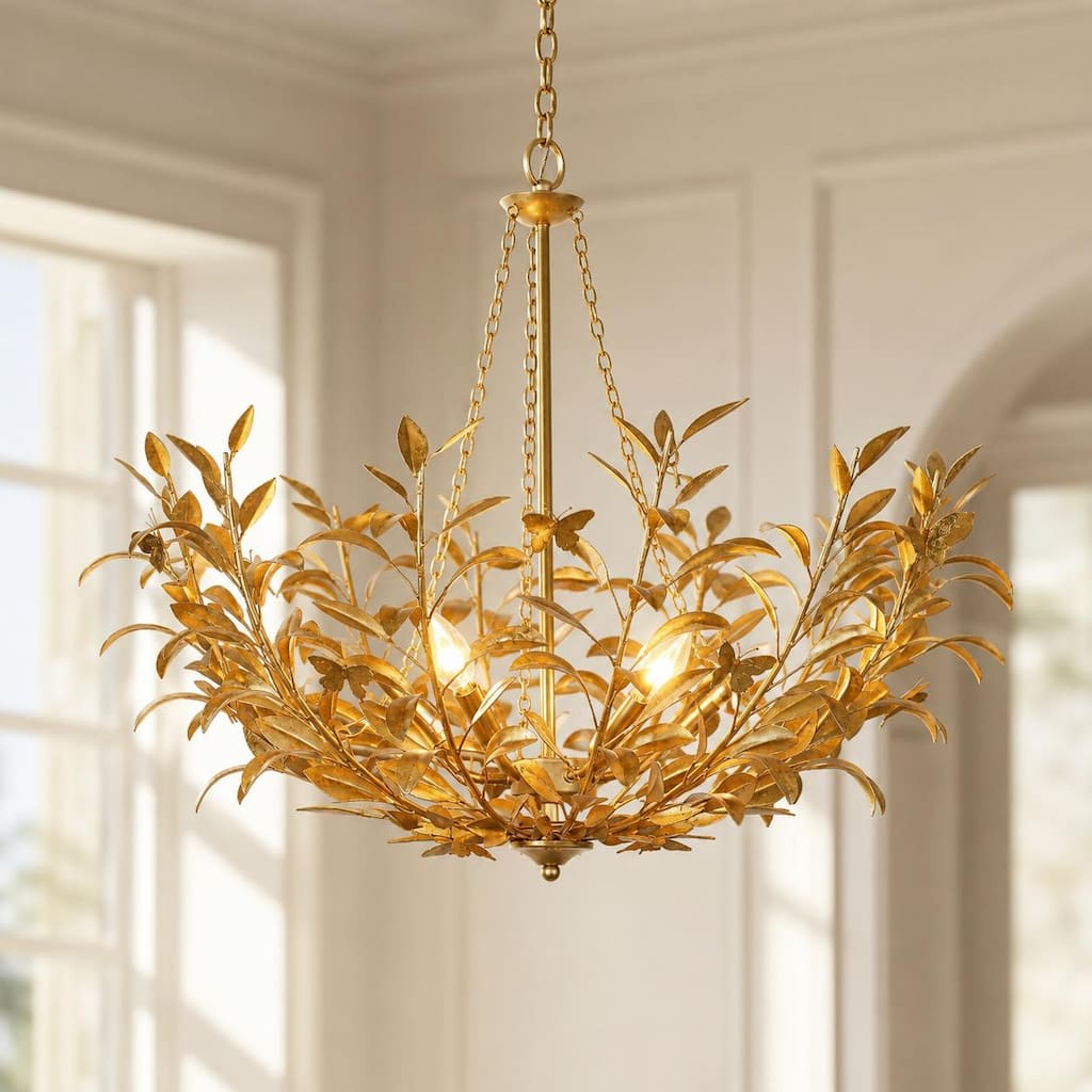 Aureflor Modern Glam 6-Light Antique Gold Foil Metal Chandelier Leaf & Butterfly Ceiling Light - Diameter 32.2" × Height 28.7"