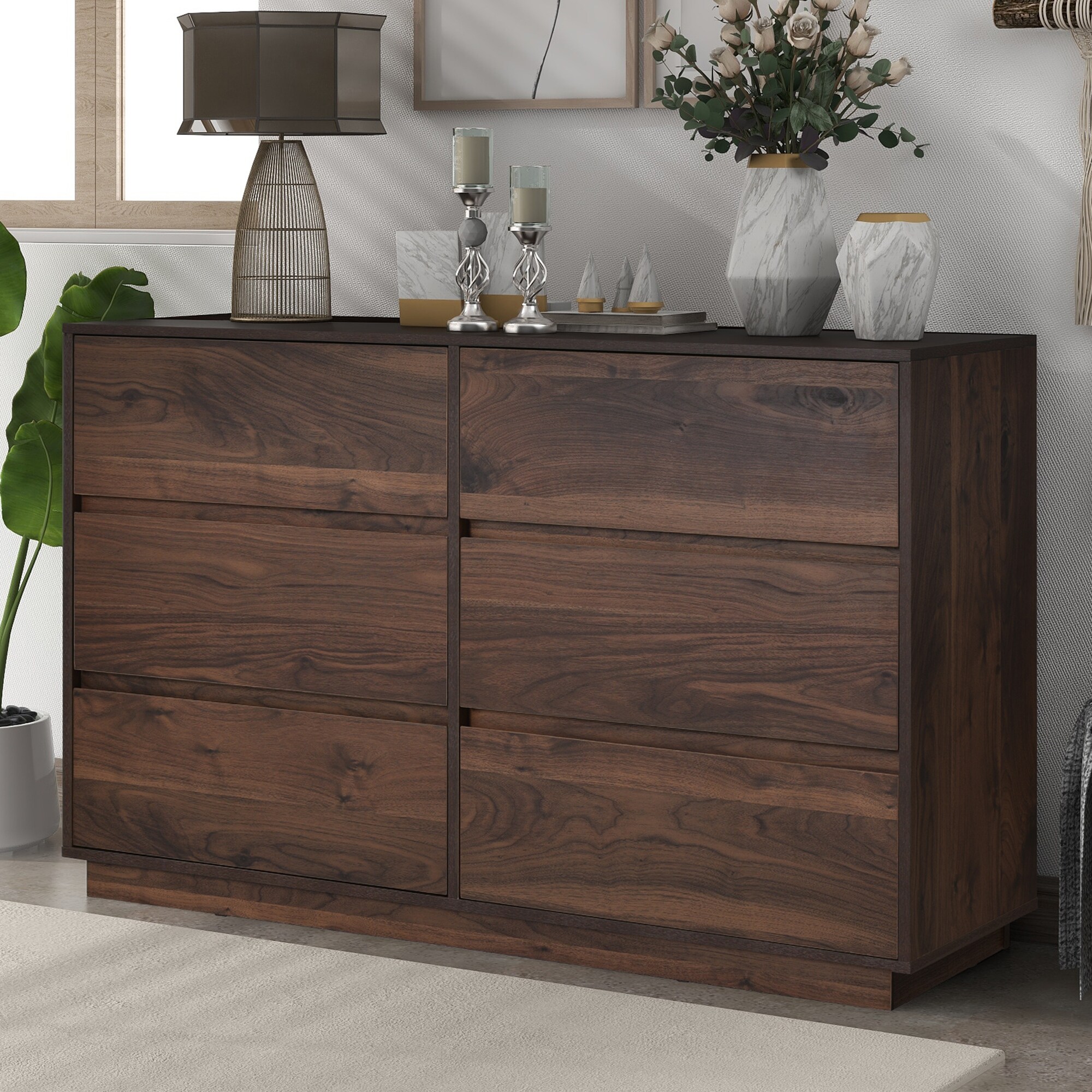 Classic Walnut 6-Drawer Dresser, Durable MDF Construction, Smooth Metal  Rails, Extra Storage for Bedroom, Easy Assembly - Bed Bath & Beyond -  37828415