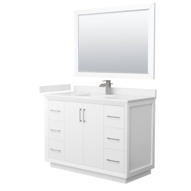 Strada 48-Inch Single Vanity Set, Cultured Marble Top, 46-Inch Mirror - White, Nickel Trim, Carrara Cultured Marble Top