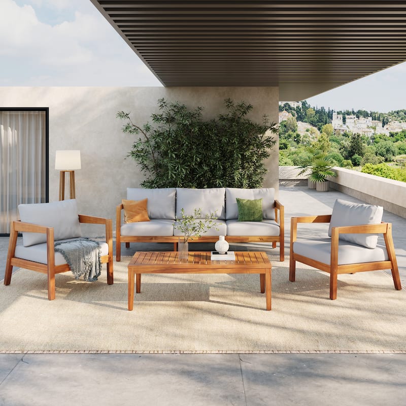 Christopher Knight Home - Outdoor 4-PieceTeak Finish Solid Wood Patio Conversation Set with Cushions and Rectangle Table - LIGHT GREY,Teak