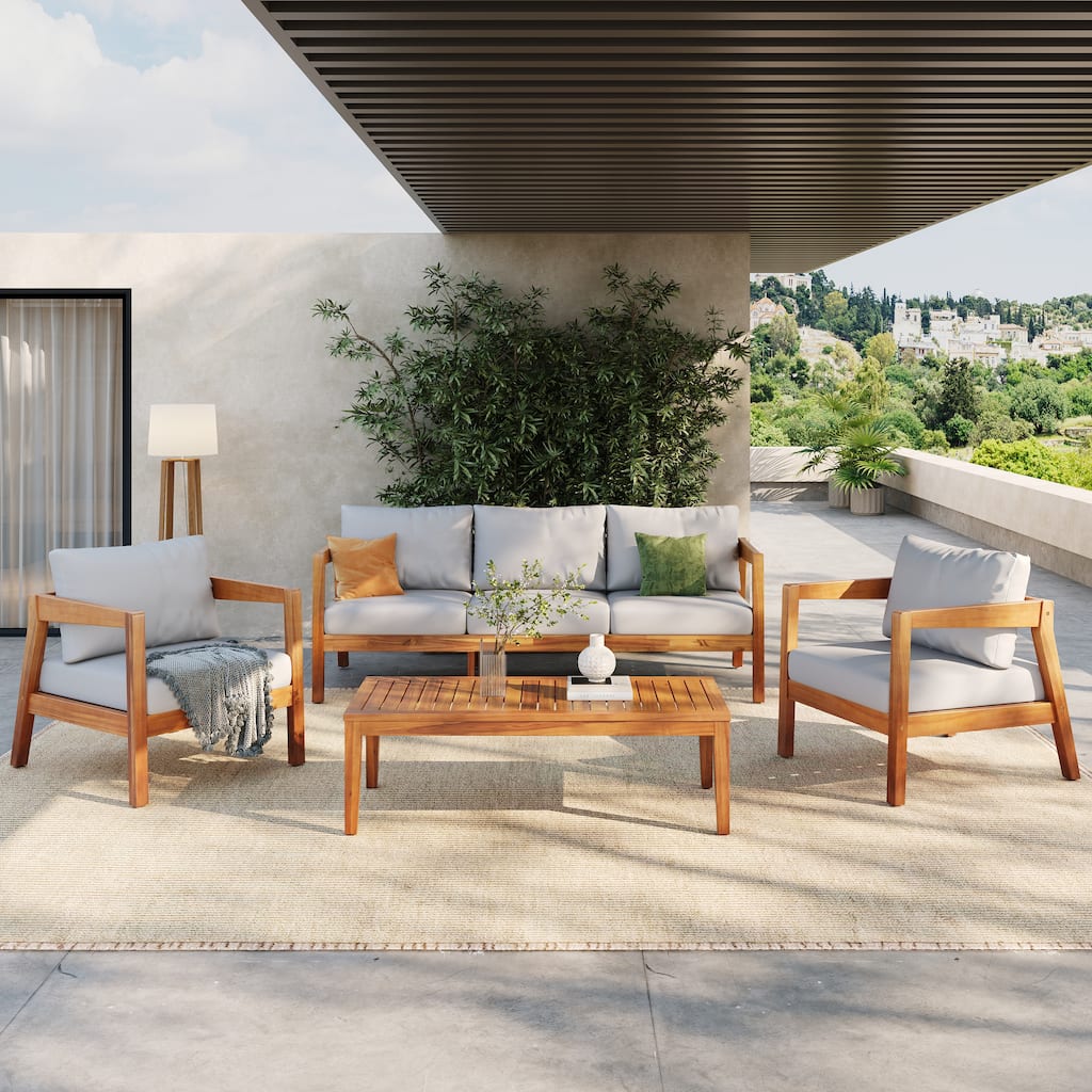 Christopher Knight Home - Outdoor 4-PieceTeak Finish Solid Wood Patio Conversation Set with Cushions and Rectangle Table