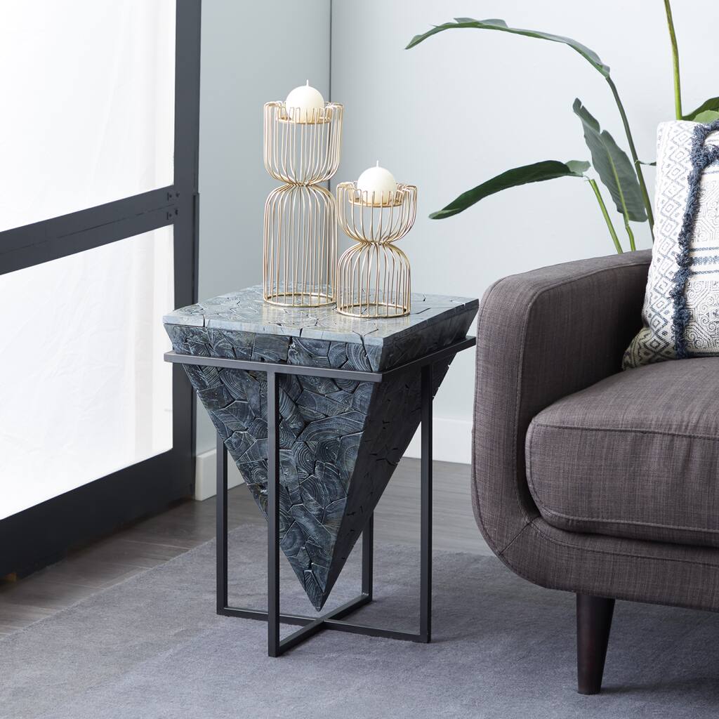 Teak Wood Handmade Pyramid Geometric Accent Table with Black Metal ...