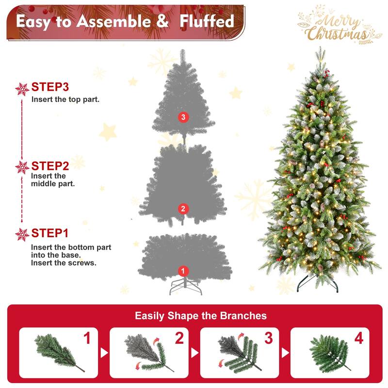Pre-Lit Artificial Christmas Tree - Warm White LED Lights, Frosted Greenery, Red Berries, Pinecones, Metal Stand - Green