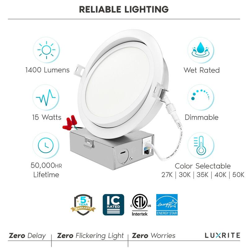 Luxrite 6 Inch Gimbal LED Recessed Lighting, 5 CCT 2700K-5000K, 1400 Lumens, Dimmable, 15W, Wet Rated, ETL Listed 6-Pack