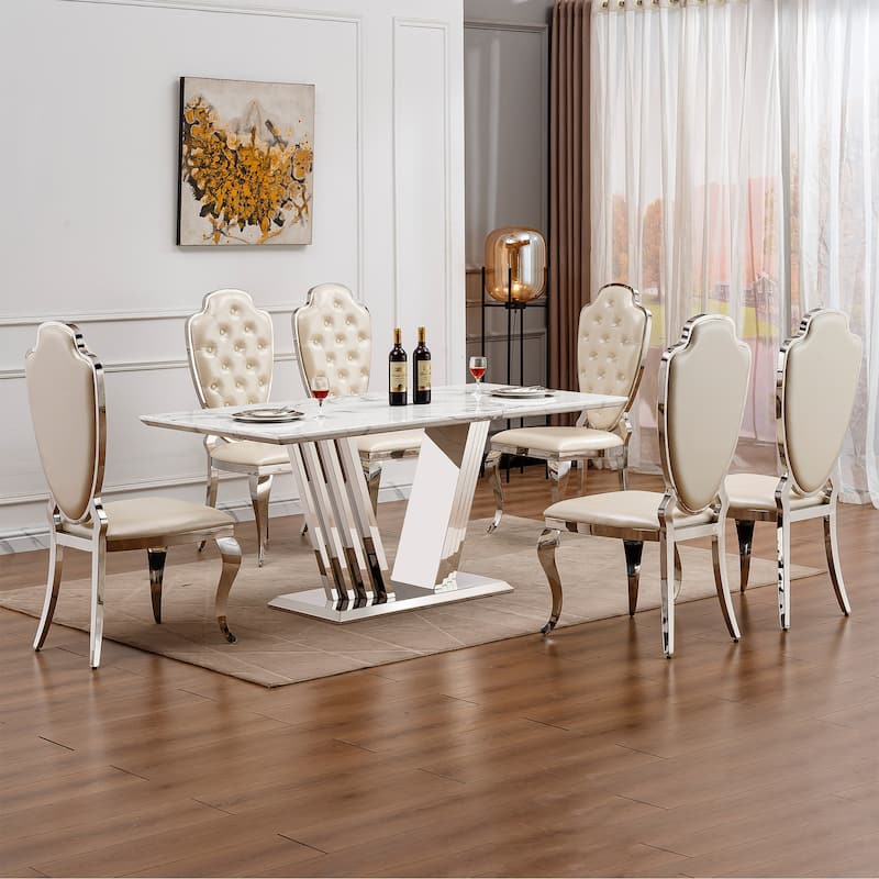 70'' Rectangle Faux Marble Dining Table with Mirrored Finish Stainless Steel Base - Silver+White