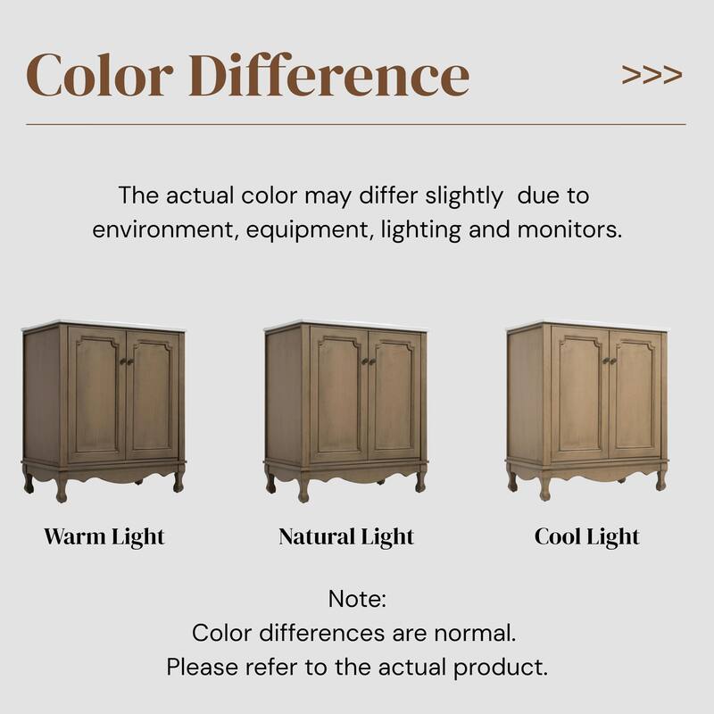 30" Vintage Bathroom Vanity - Rectangle Sink, Antique Handles, Solid Wood Legs, and Adjustable Shelves