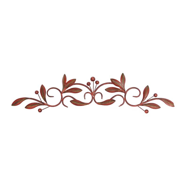 Metal Leaf Home Wall Decor with Scrolled Vine - Green or Red - Roche River Decor - Red