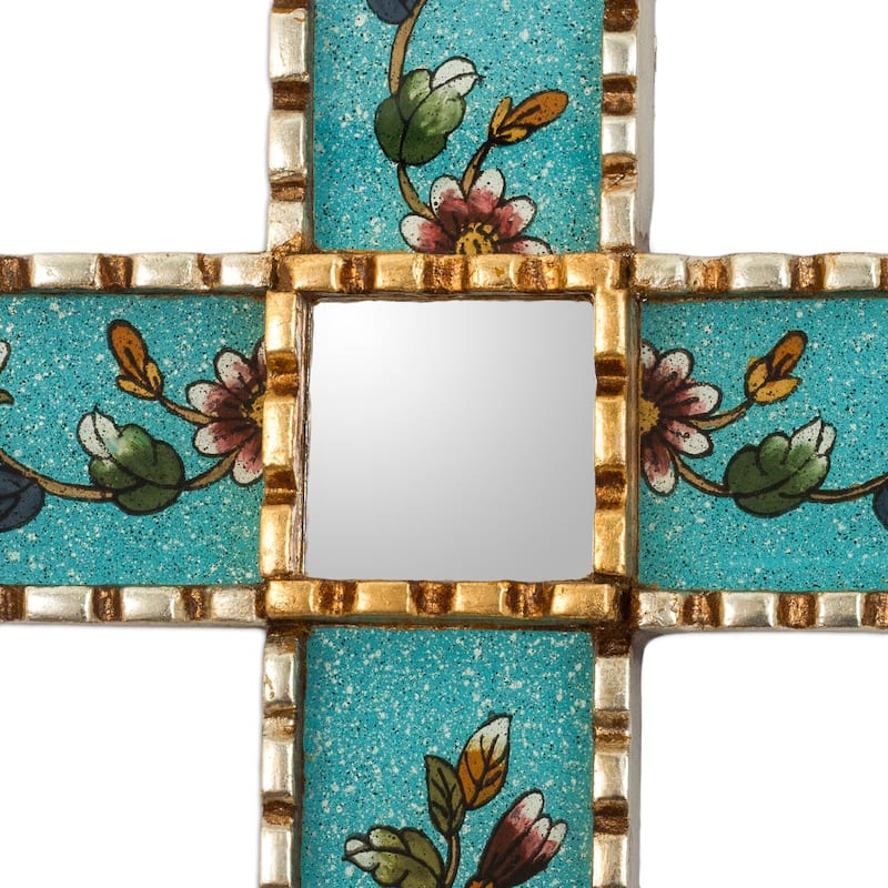 Novica Handmade Flowers Of Faith In Teal Reverse-Painted Glass Wall Cross