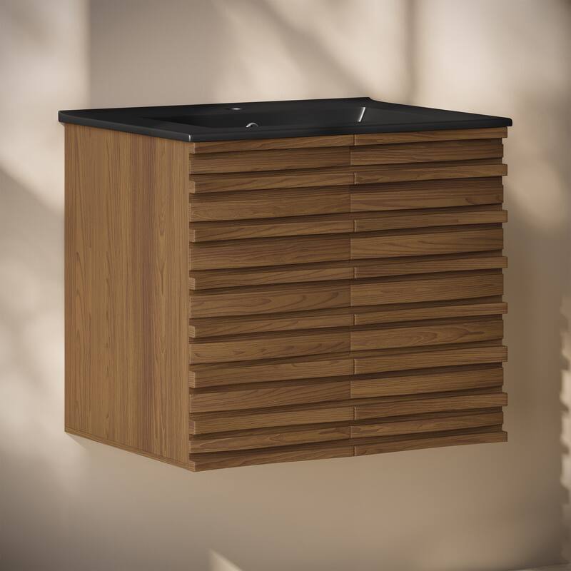 Cascade 24" Wall-Mounted Bathroom Vanity In Brown Oak With Black Sink Top - 24