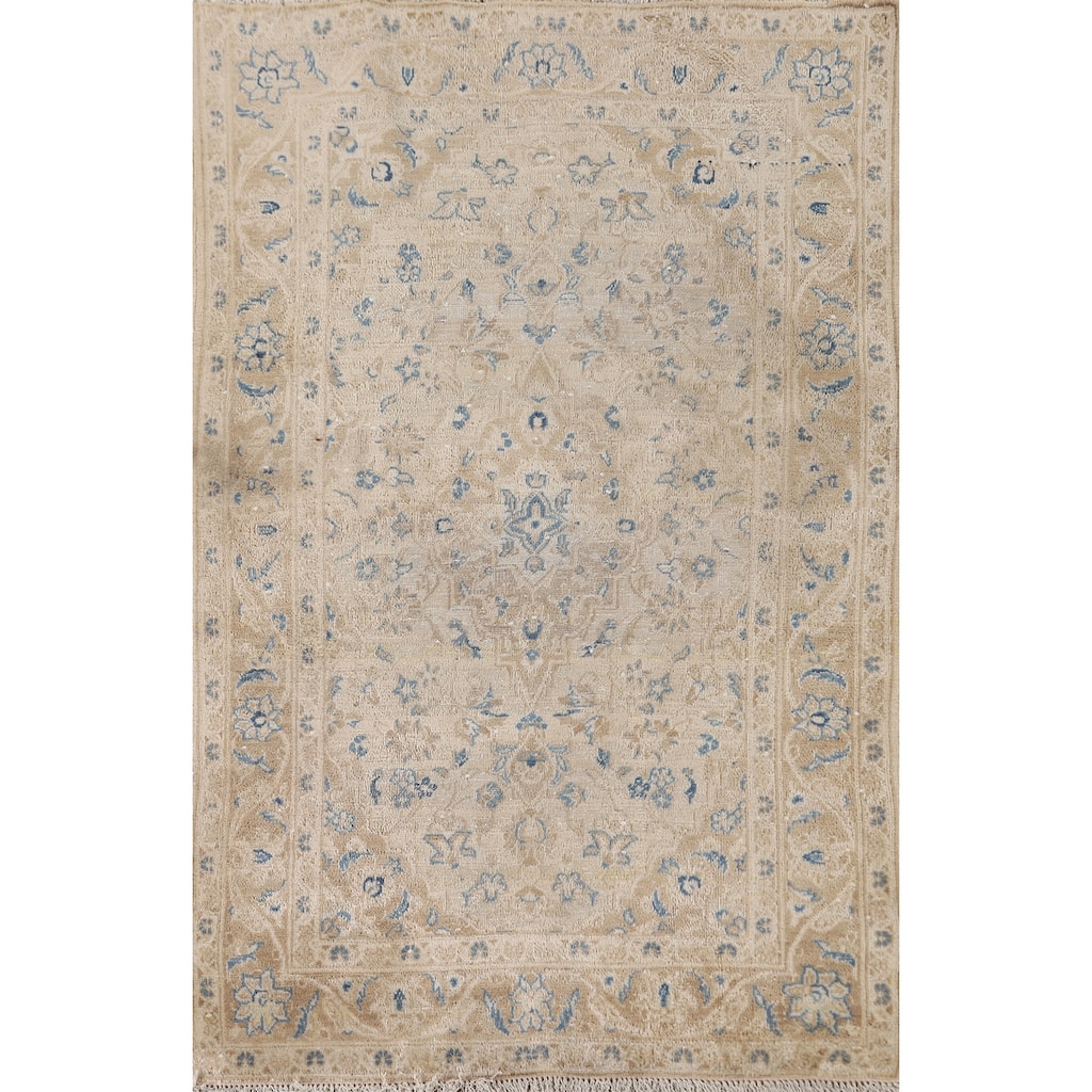 Hand Knotted Oriental 100% Wool Carpet Traditional Floral Beige & Ivories Kashan Area Rug - 5' 6'' X 3' 2''