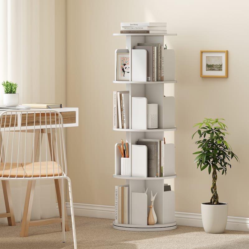 Narrow 4-Tier Rotating Storage Bookshelf with Swivel Display and Dividers for Home and Office - 15.5" x 15.5" x 50.5"