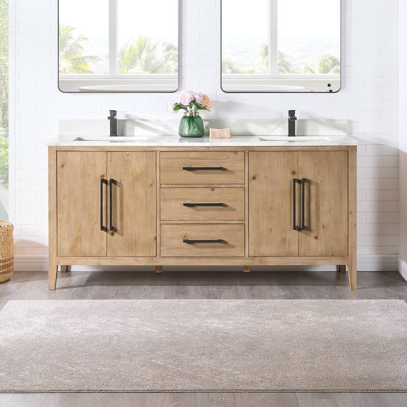 Altair Laurel Bath Vanity with Calacatta White Quartz Stone Countertop without Mirror - 72 inch - Weathered Fir