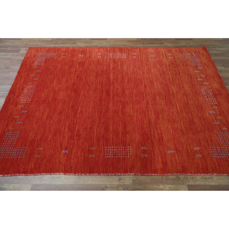 Tribal Modern Gabbeh Indian Rug Hand-Knotted Orange Wool Carpet - 4'9" x 6'5"