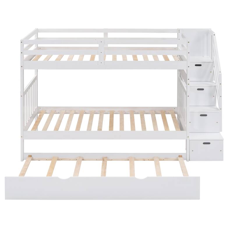 Twin Over Full Bunk Bed with Twin Trundle and Storage Stairs, Space-Saving Design, No Box Spring Needed