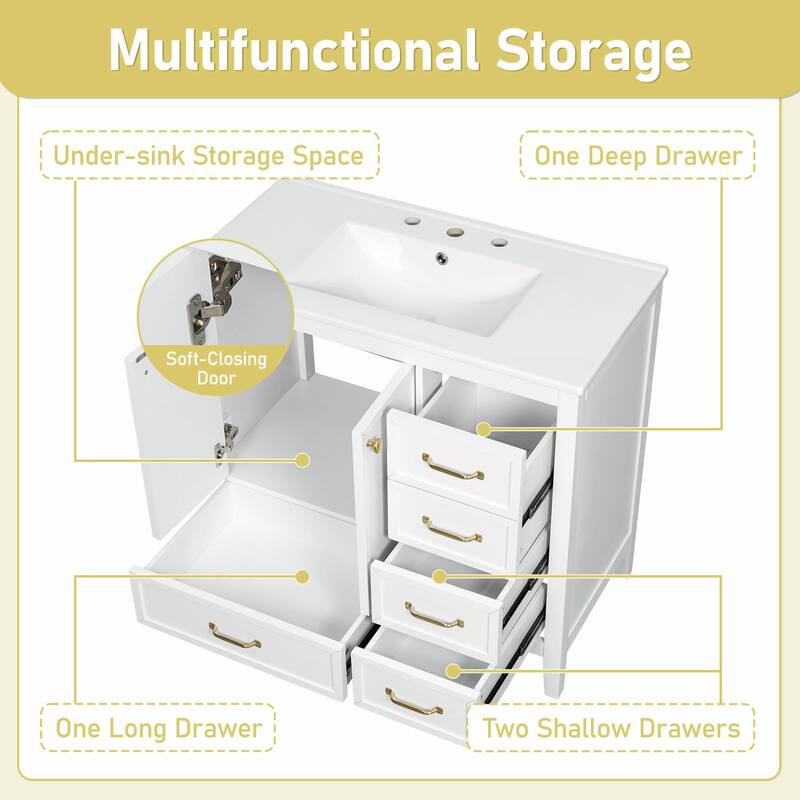 36" Bathroom Vanity with Sink, Cabinet with Soft-Closing Door, 4 Drawers in Varying Sizes