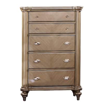 Ada 56 Inch 5 Drawer Tall Dresser Chest, Pine Wood, Chevron Pattern, Antique Champagne