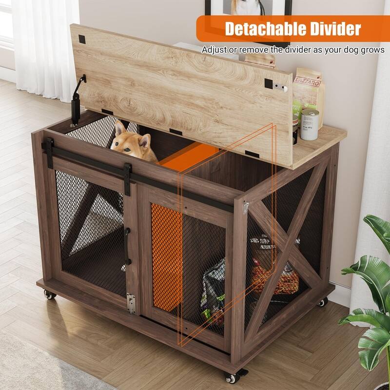 Large Wooden Dog Crate Kennel Furniture Side End Table with Flip Top and Movable Divider
