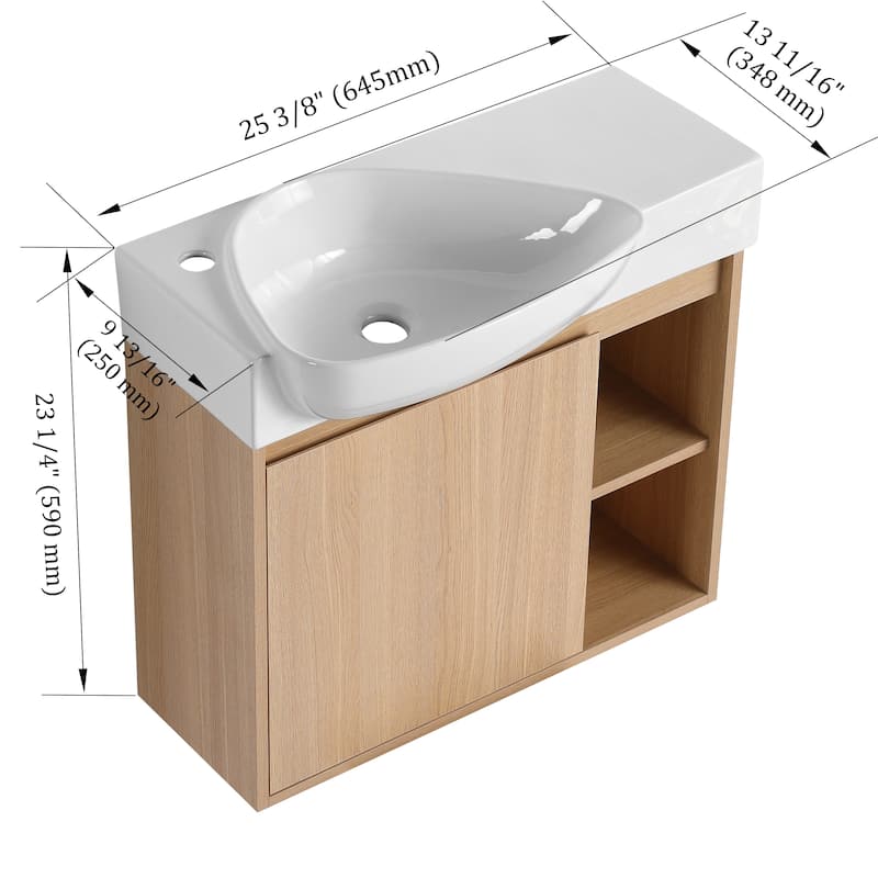 26'' Wall-Mounted Bathroom Vanity with White Ceramic Sink & Soft-Close Door, KD-Packing