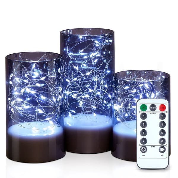 slide 2 of 11, 3PCS Acrylic Shell Pillar LED Candles Featuring 13-Key Remote Timer, Battery Operated for Home, Wedding and Party Decor Plastic - Grey Shell