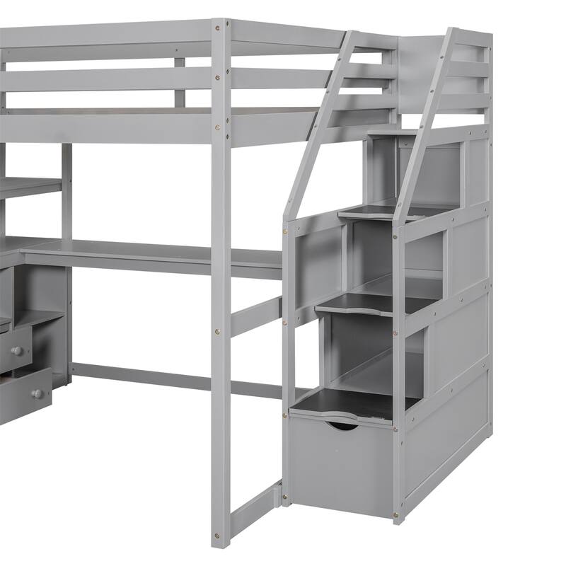 Full Size Loft Bed with Desk 2 Built-in Drawers and Storage Staircase