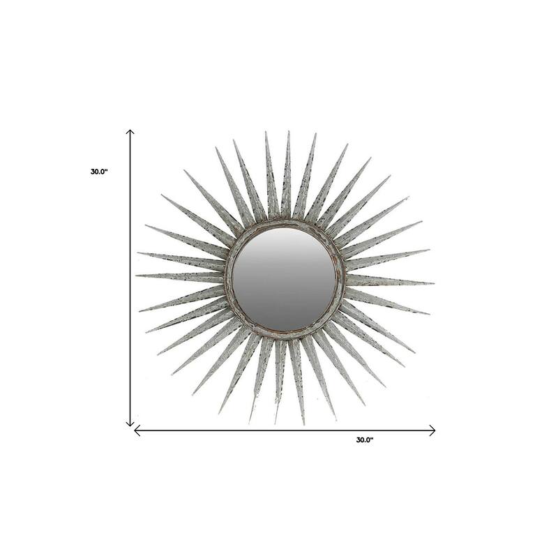 HomeRoots 30" Antiqued Silver Gray Sunburst Wall Mounted Accent Mirror - 39