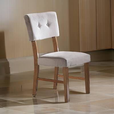 Leom 25 Inch Set of 2 Side Dining Chairs, Tufted Gray Polyester, Brown