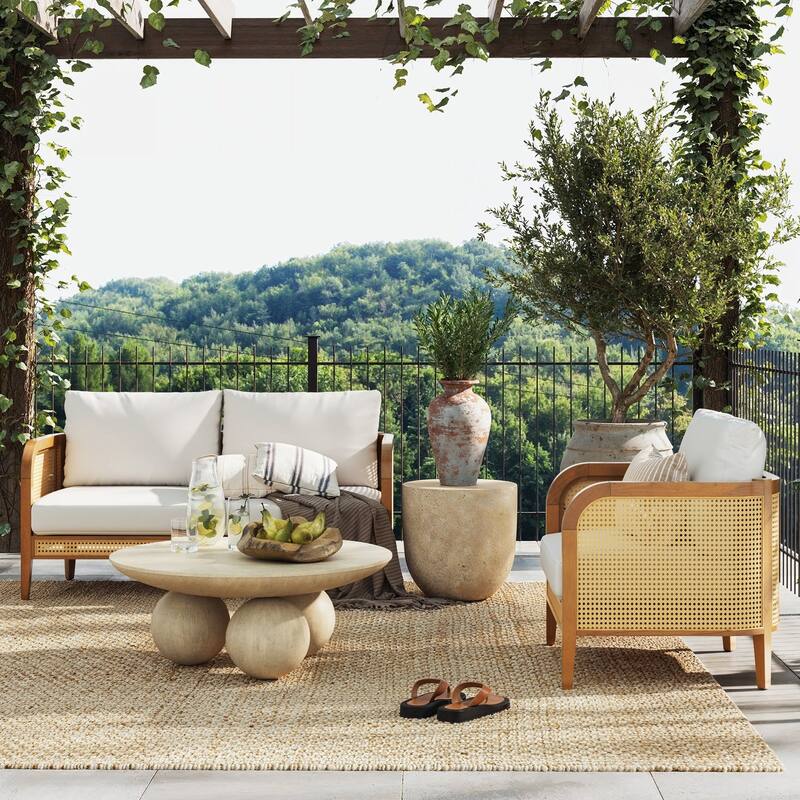 Twila Bohemian Outdoor Upholstered Rattan Patio Seating with Solid Wood Frame