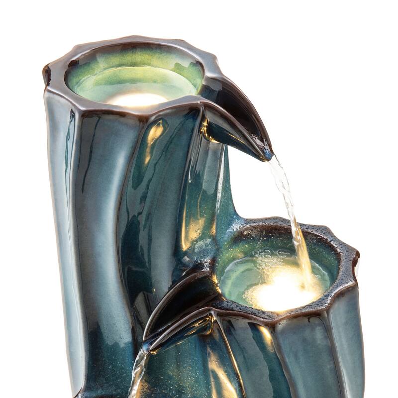 Glitzhome 29.5"H 4-Tiered Wavy Textured Outdoor Ceramic Floor Fountain with LED Light