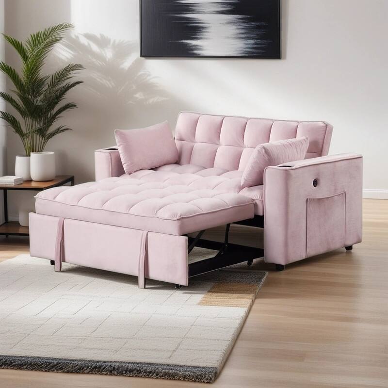 Multifunctional Velvet Sofa Bed Recliner Loveseat Sleeper Sofa w/Cup