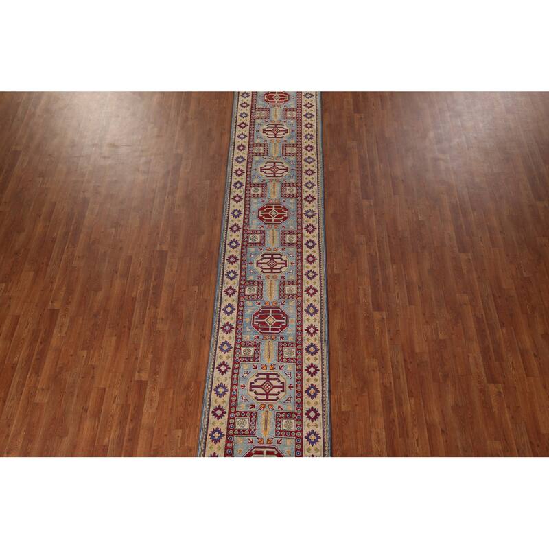 Light Blue Geometric Kazak Runner Rug Hand-Knotted Wool Carpet - 2'7" x 20'8"