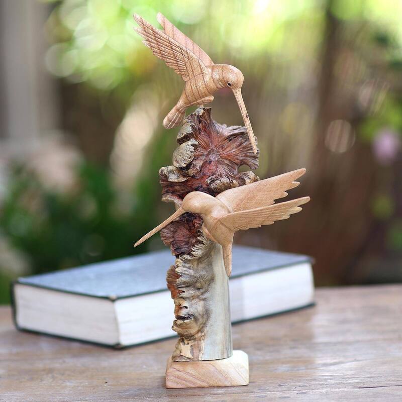 Wood sculpture, 'Hummingbird Heights' - 11.75" H x 2.8" W x 2.8" D