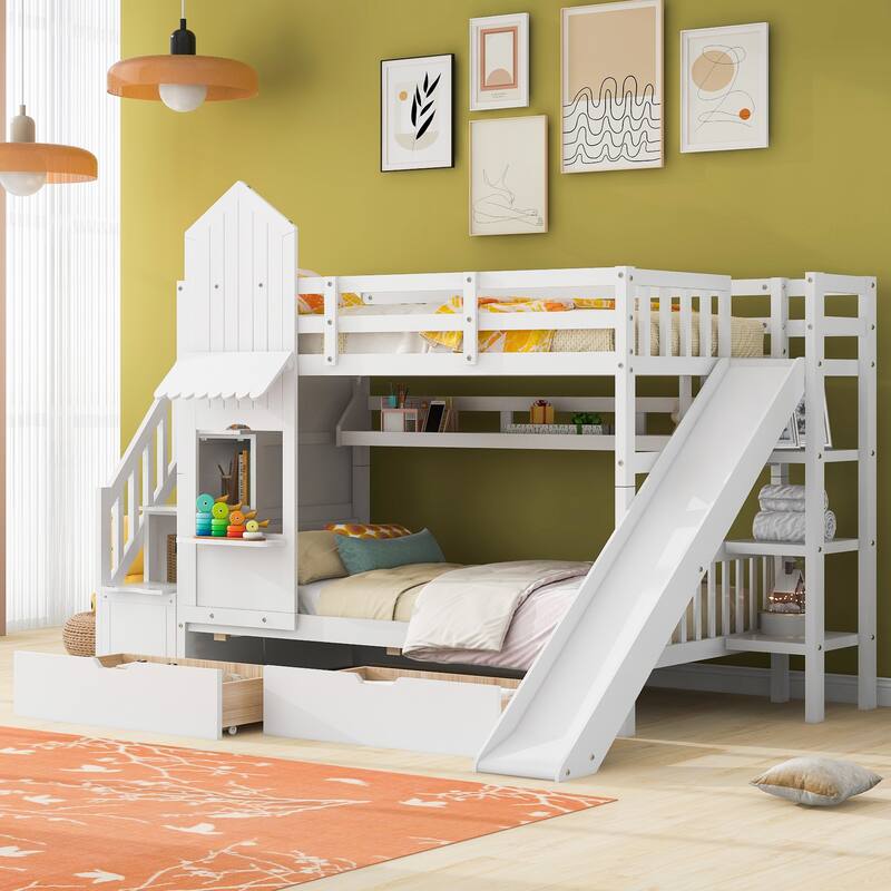 Full-Over-Full Castle Bunk Bed with 2 Drawers Shelves and Slide, Fairytale-Like Atmosphere for Your Lovely Litter Princess - White - Twin